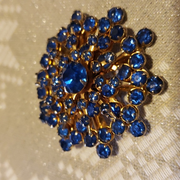 Vintage Blue Rhinestone Cluster Pin Brooch - Picture 2 of 6
